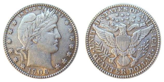 1906 Barber Quarter obverse and reverse showing Liberty portrait and heraldic eagle