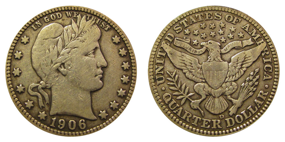 Side-by-side comparison: 1906 Philadelphia quarter (no mint mark) vs 1906-D Denver quarter showing the D mint mark location