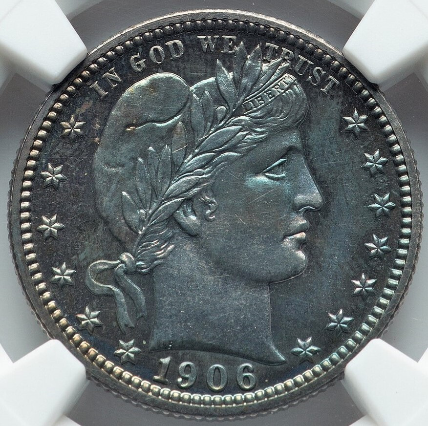 1906 Proof Barber Quarter showing mirror fields and frosted Liberty portrait