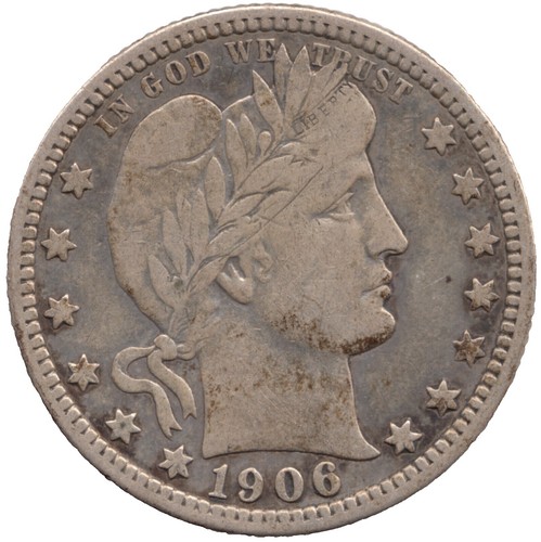 1906 Barber Quarter date area under magnification showing repunched date variety with ghost numerals