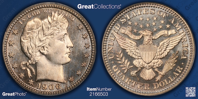 Group photograph of all three 1906 Barber Quarter mint marks — Philadelphia, Denver, and New Orleans — displayed side by side