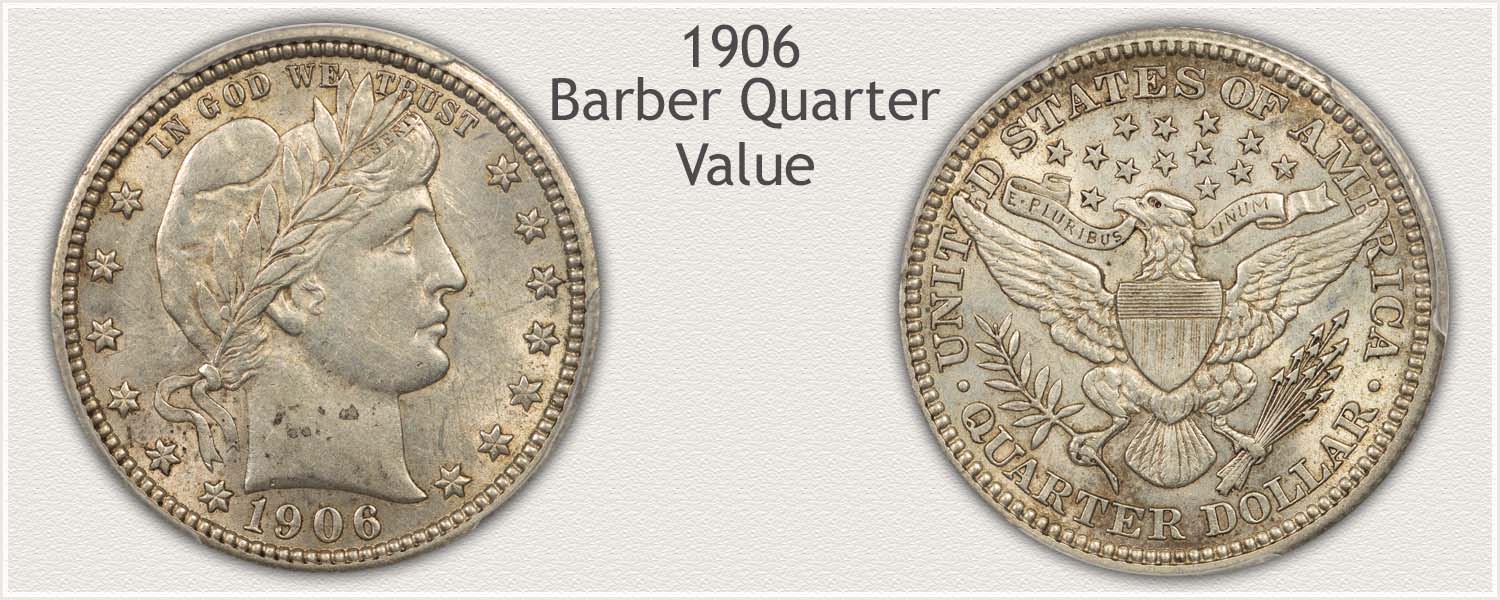 Grading strip showing 1906 Barber Quarter in four condition tiers from Good (worn) to Gem Uncirculated